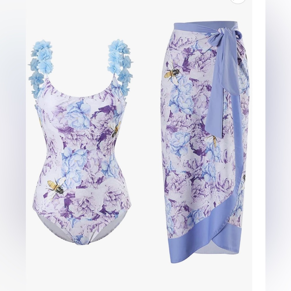 One Piece Bathing Suit Size Medium With Sarong Shirt Powder Blue Colora.